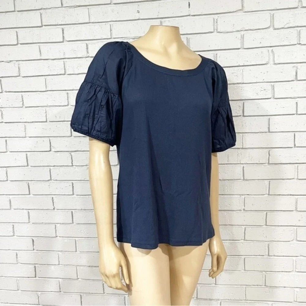 J.Crew Navy Blue Ribbed Mixed Media Puff Sleeve Scoop Neck Top |‎ Size XL